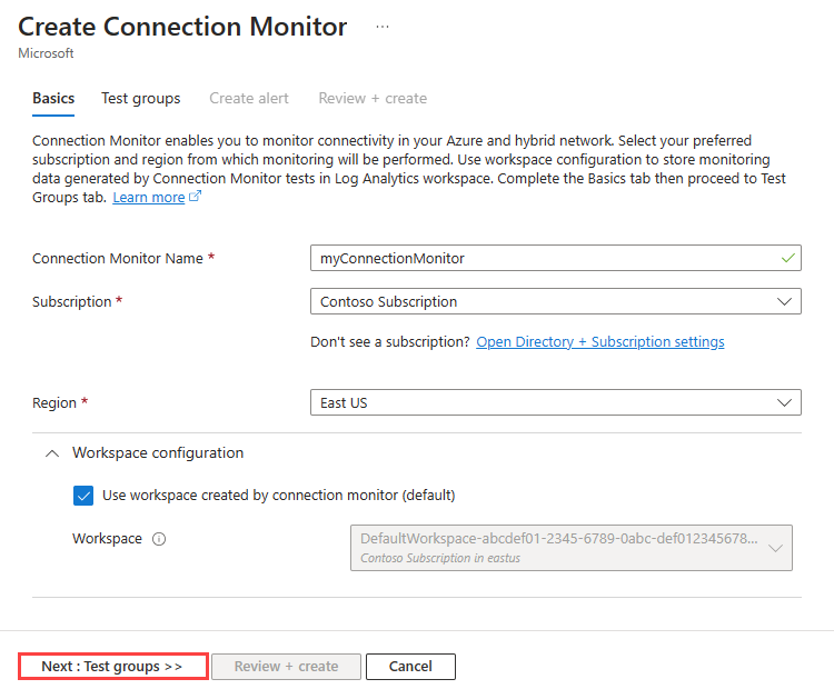 Screenshot, der die Registerkarte „Grundlagen“ für das Erstellen eines Verbindungsmonitors im Azure-Portal zeigt.