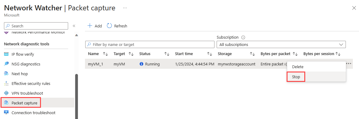 Screenshot: Beenden einer Paketerfassung im Azure-Portal.