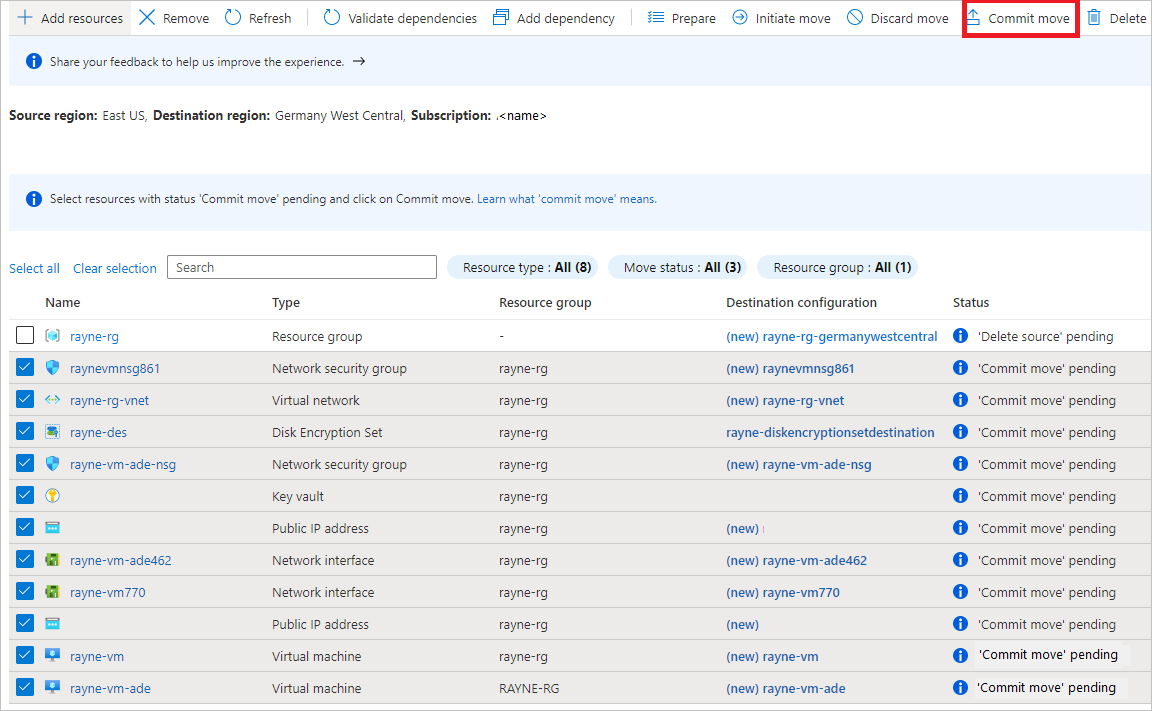 Screenshot: Liste der Ressourcen zum Committen von Ressourcen zum Abschließen der Verschiebung