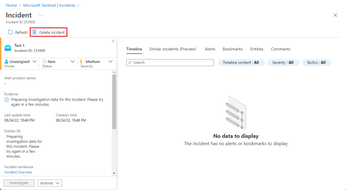 Screenshot des Löschens eines Vorfalls aus dem Detailbildschirm.