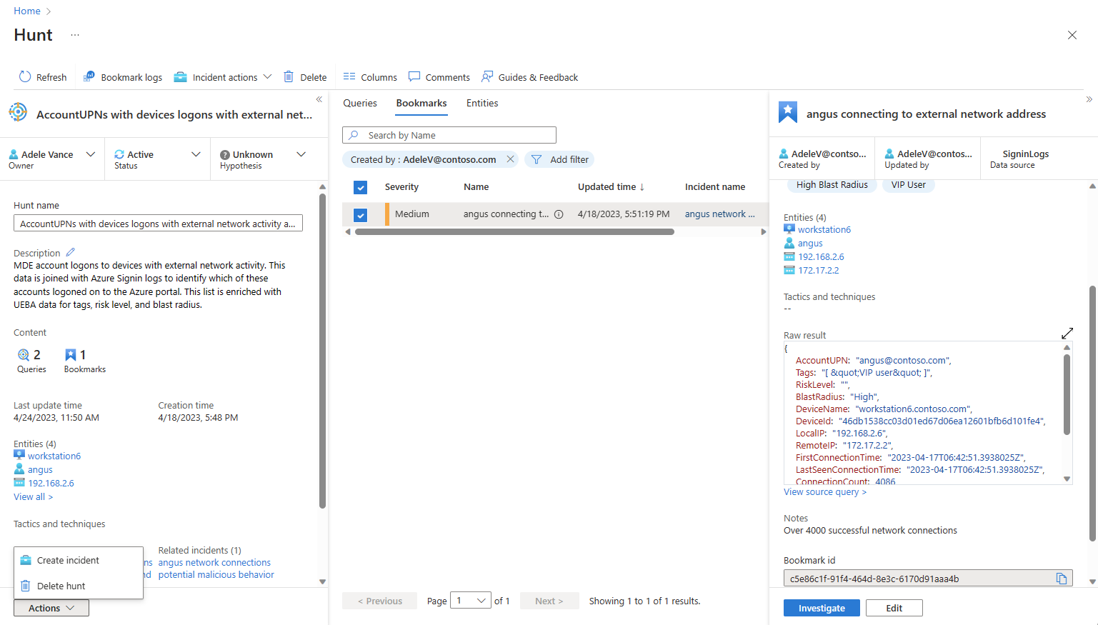 Screenshot eines Lesezeichens mit allen Details und geöffnetem Aktionsmenü für die Suche.