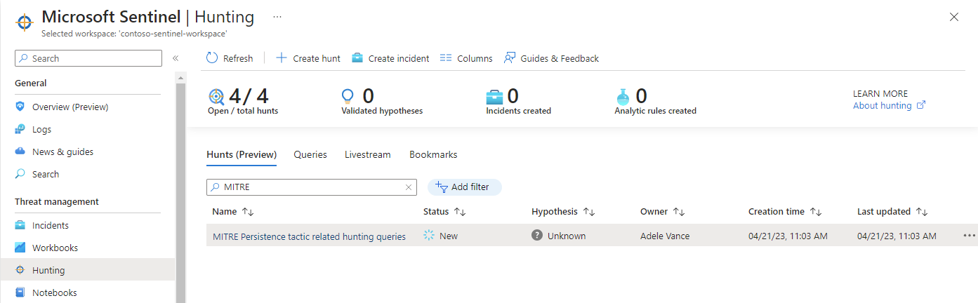 Screenshot mit der neuen Suche auf der Registerkarte „Hunting“.