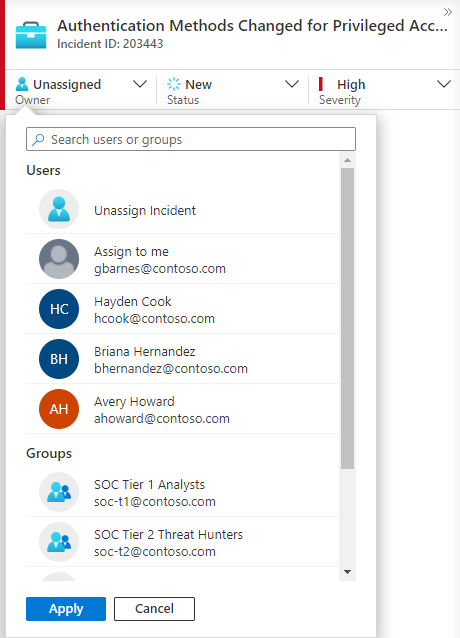 Screenshot: Zuweisen eines Incidents zum Benutzer