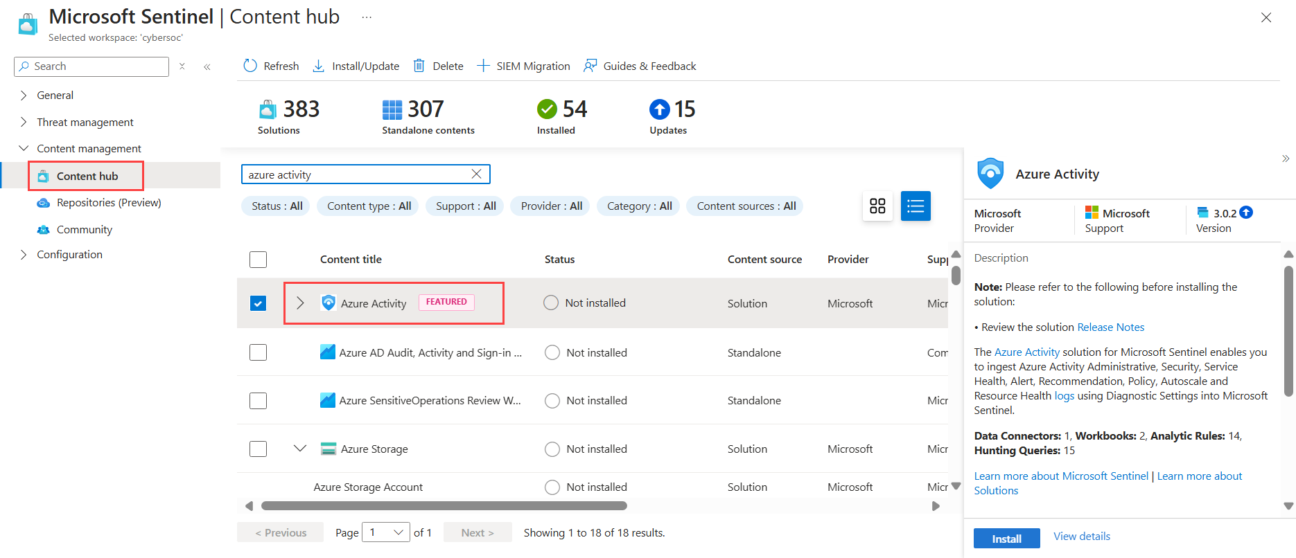 Screenshot des Inhaltshubs im Azure-Portal mit ausgewählter Lösung für Azure Activity.