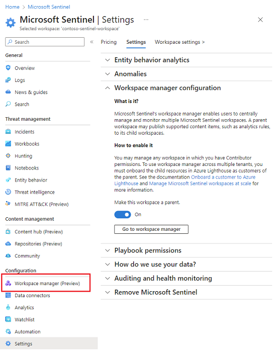 Screenshot: Konfigurationseinstellungen für den Arbeitsbereichs-Manager Das für den Arbeitsbereichs-Manager hinzugefügte Menüelement ist hervorgehoben, und die Umschaltfläche ist aktiviert.