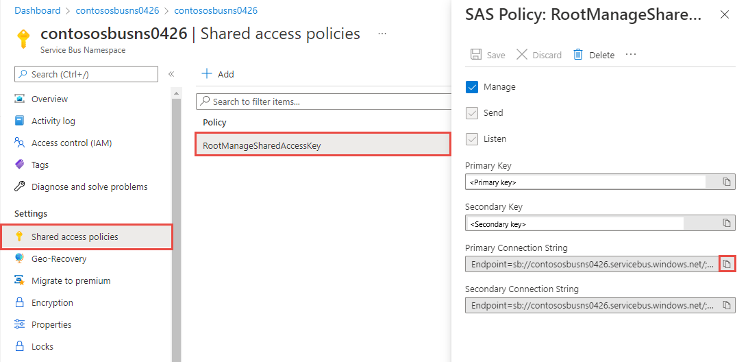 Screenshot: SAS-Richtlinie namens „RootManageSharedAccessKey“, die Schlüssel und Verbindungszeichenfolgen enthält