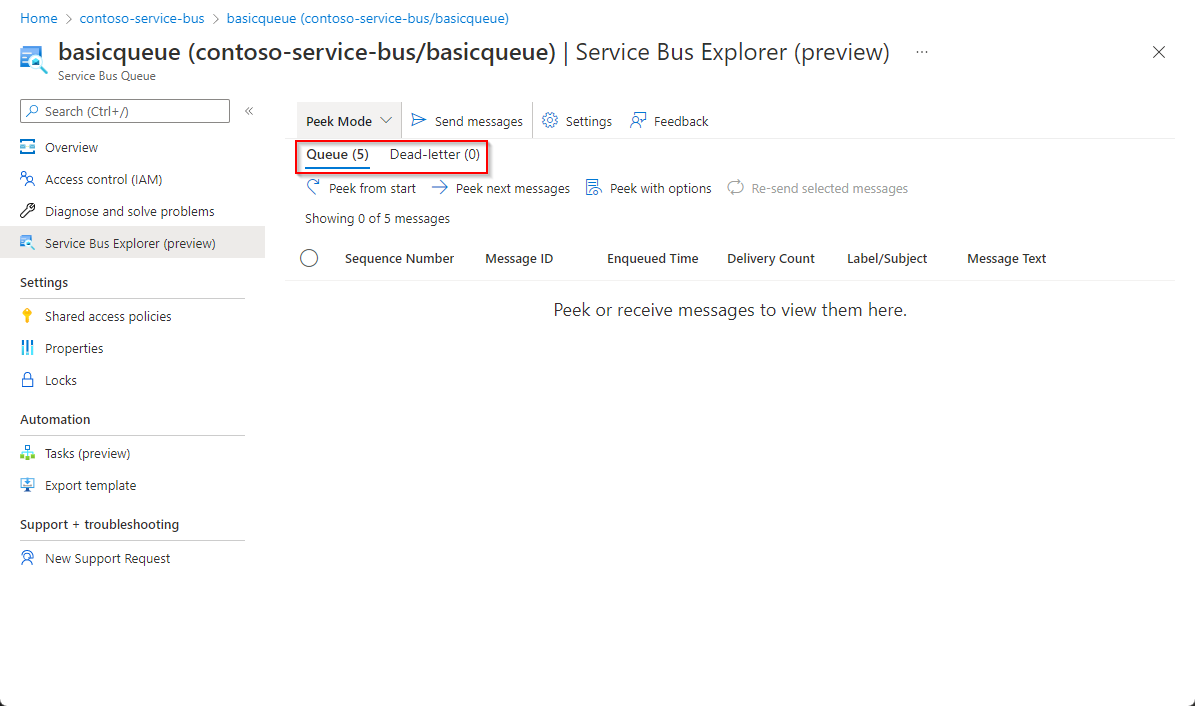 Screenshot: Registerkarten für die Warteschlange und die untergeordnete Warteschlange für unzustellbare Nachrichten mit angezeigten Nachrichtenmetriken