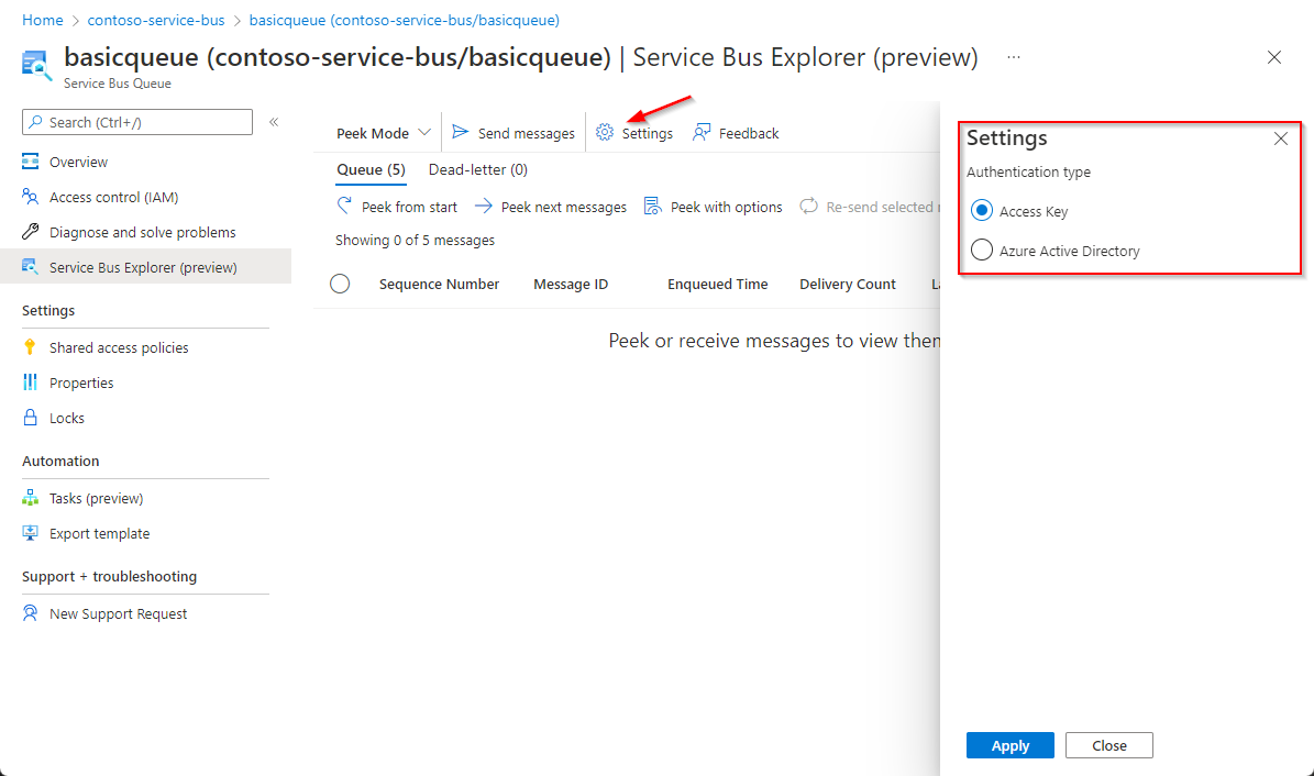 Screenshot: Schaltfläche „Einstellungen“ und eine Seite mit den verschiedenen Authentifizierungstypen