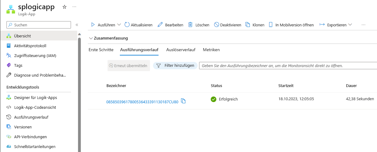 Screenshot des Ausführungsverlaufs der Logikapp.