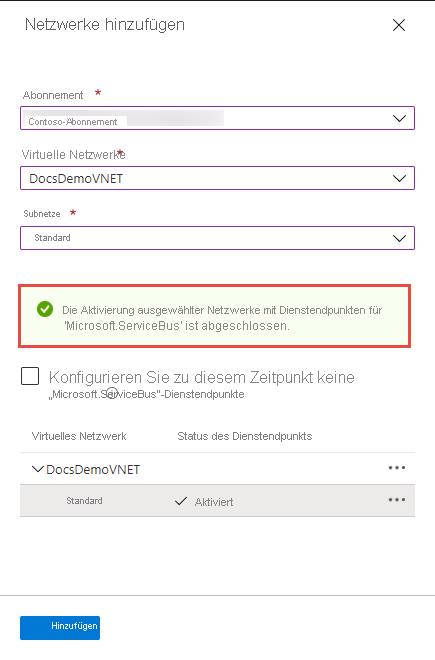 Image showing the success message of enabling the service endpoint.