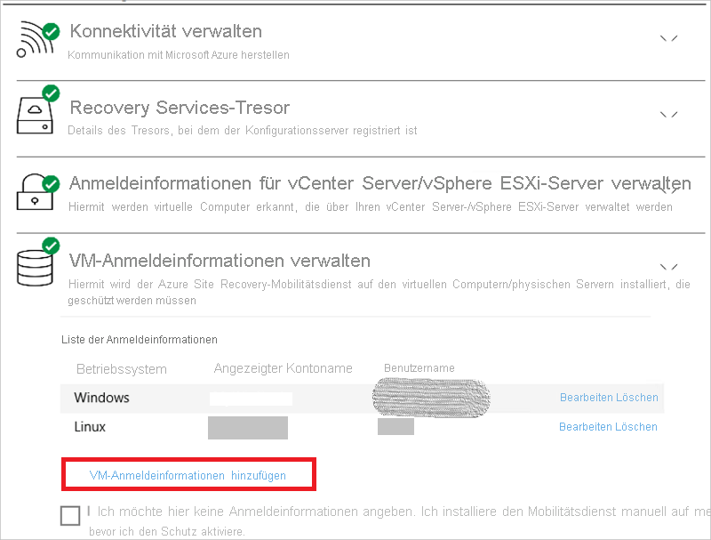 Screenshot: Bereich „VM-Anmeldeinformationen verwalten“ mit dem Link „VM-Anmeldeinformationen hinzufügen“