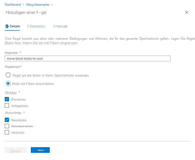 Screenshot der Seite mit Details zum Hinzufügen einer Regel in der Lebenszyklusverwaltung im Azure-Portal