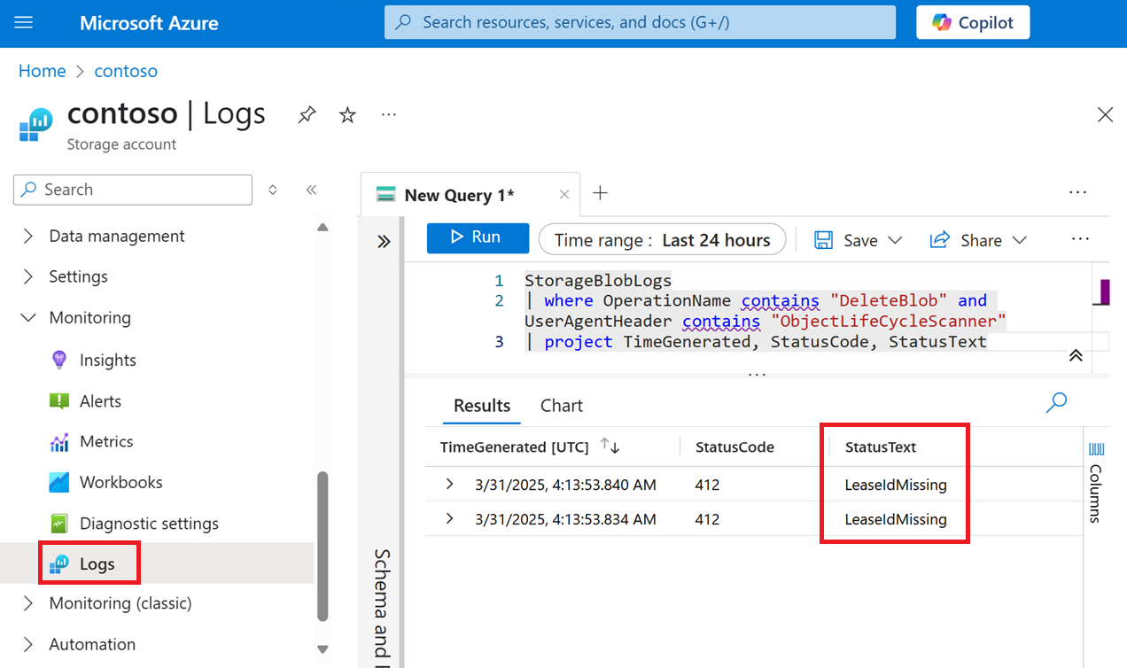Screenshot einer Kusto-Abfrage und der Ergebnisse der Abfrage, die fehlgeschlagene Versuche zum Löschen von Objekten anzeigt.