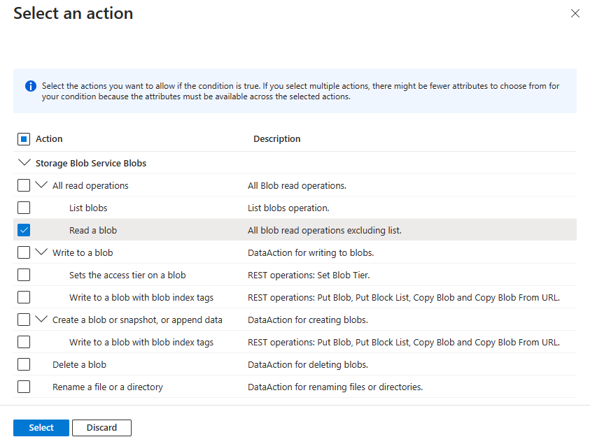 Screenshot des Bedingungs-Editors im Azure-Portal nur mit der Auswahl „Lesevorgang“