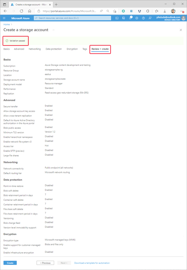 Screenshot: Standardkonfiguration für ein neues Speicherkonto – Registerkarte „Überprüfen“