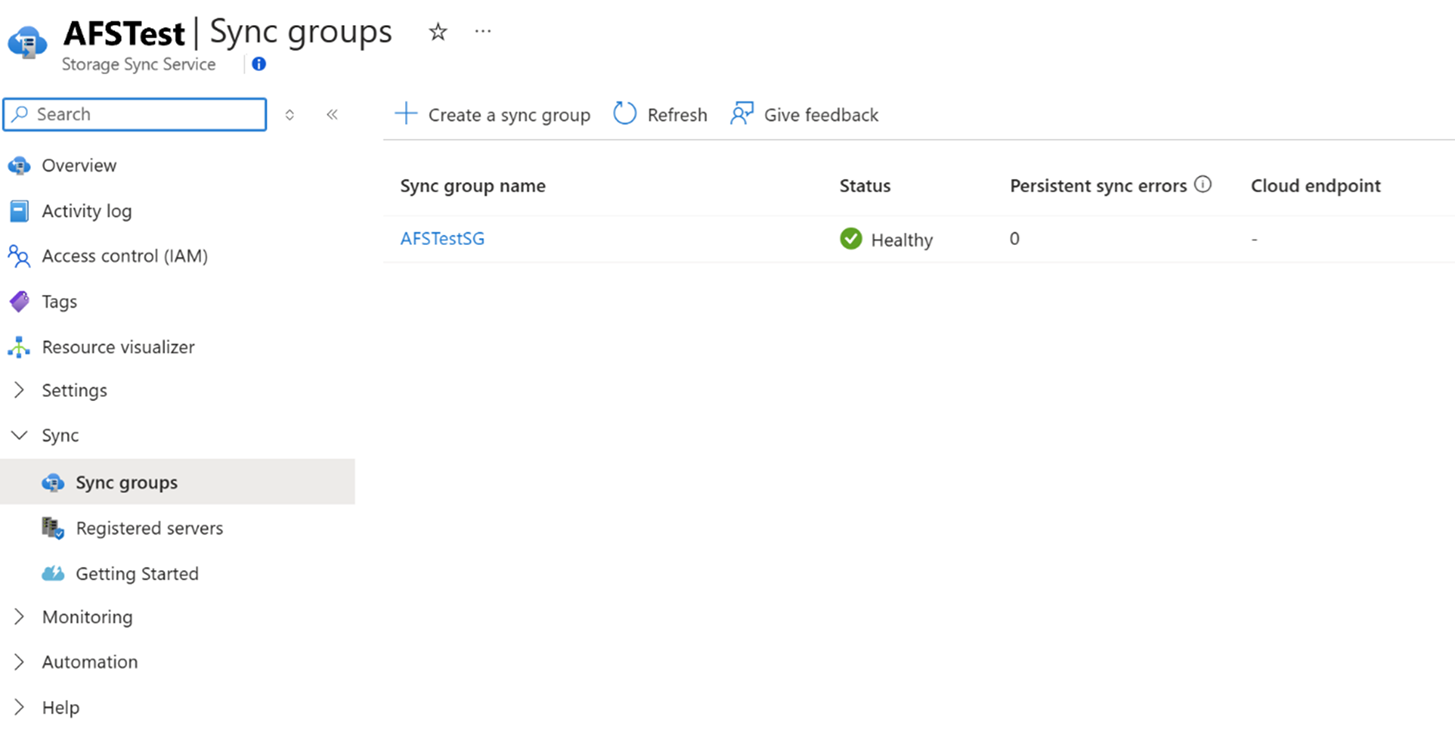 Screenshot des Bereichs für Synchronisierungsgruppen mit einem Status 