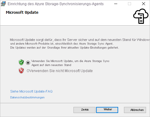 Ensure Microsoft Update is enabled in the Microsoft Update pane of the Azure File Sync agent installer