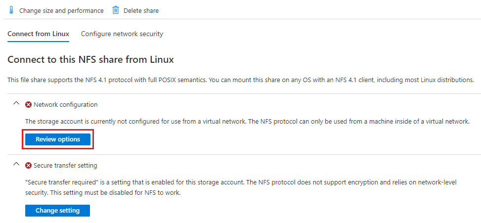Screenshot: Konfigurieren von Netzwerkeinstellungen und Einstellungen für die sichere Übertragung zum Herstellen einer Verbindung mit der NFS-Freigabe über Linux