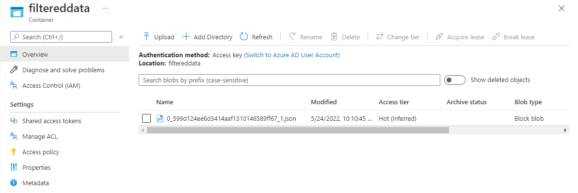 Screenshot der generierten Datei mit gefilterten Daten im Azure Data Lake Storage.