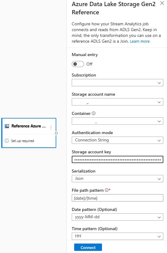 Screenshot: Felder für die Konfiguration von Azure Data Lake Storage Gen2 als Eingabe im No-Code-Editor