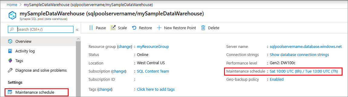 Screenshot des Übersichtsfensters mit Wartungszeitplanoptionen.