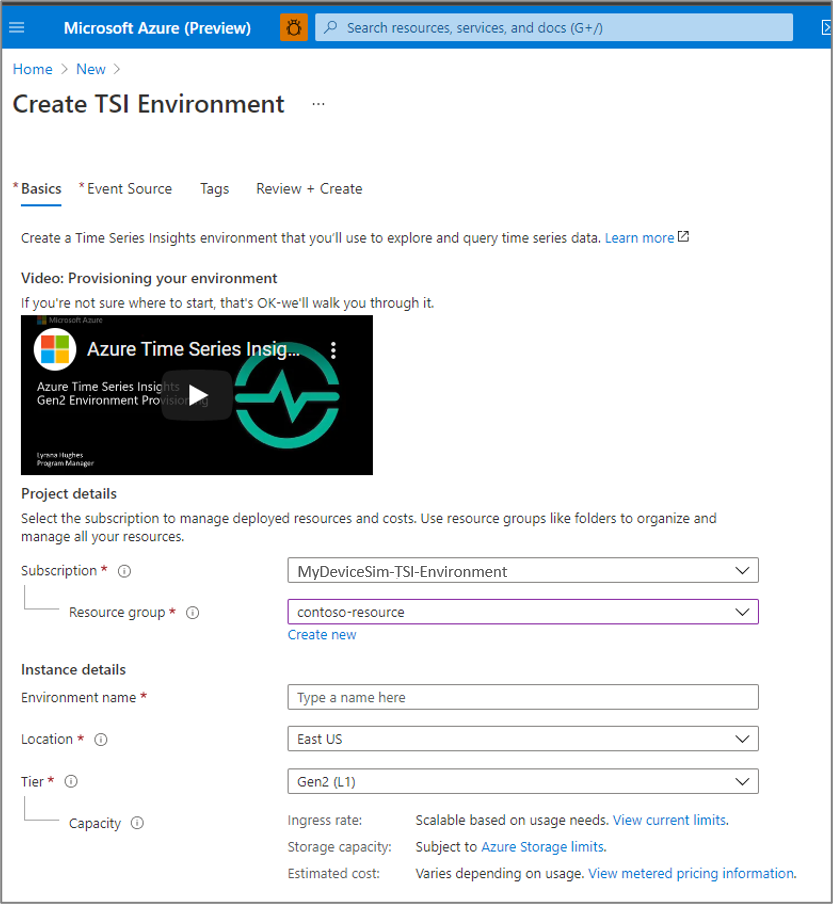 Neue Azure Time Series Insights-Umgebungskonfiguration.