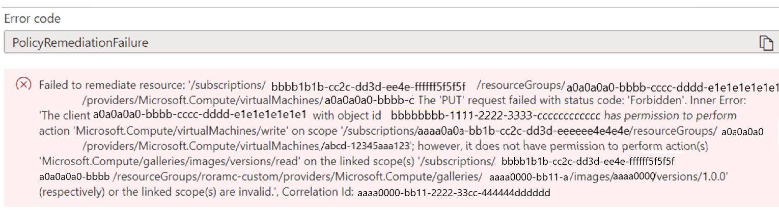 Screenshot, der den Fehlercode für die fehlgeschlagene Richtlinienanpassung zeigt.