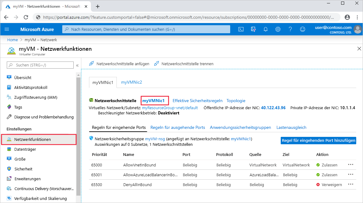 Screenshot mit den Einstellungen der virtuellen Netzwerkschnittstelle im Azure-Portal.