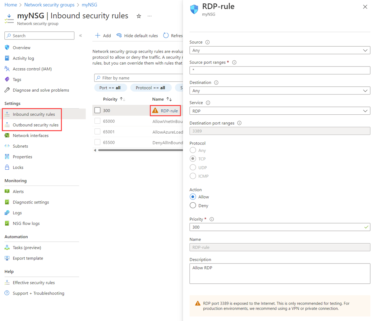 Screenshot der Details einer eingehenden Sicherheitsregel einer Netzwerksicherheitsgruppe im Azure-Portal.