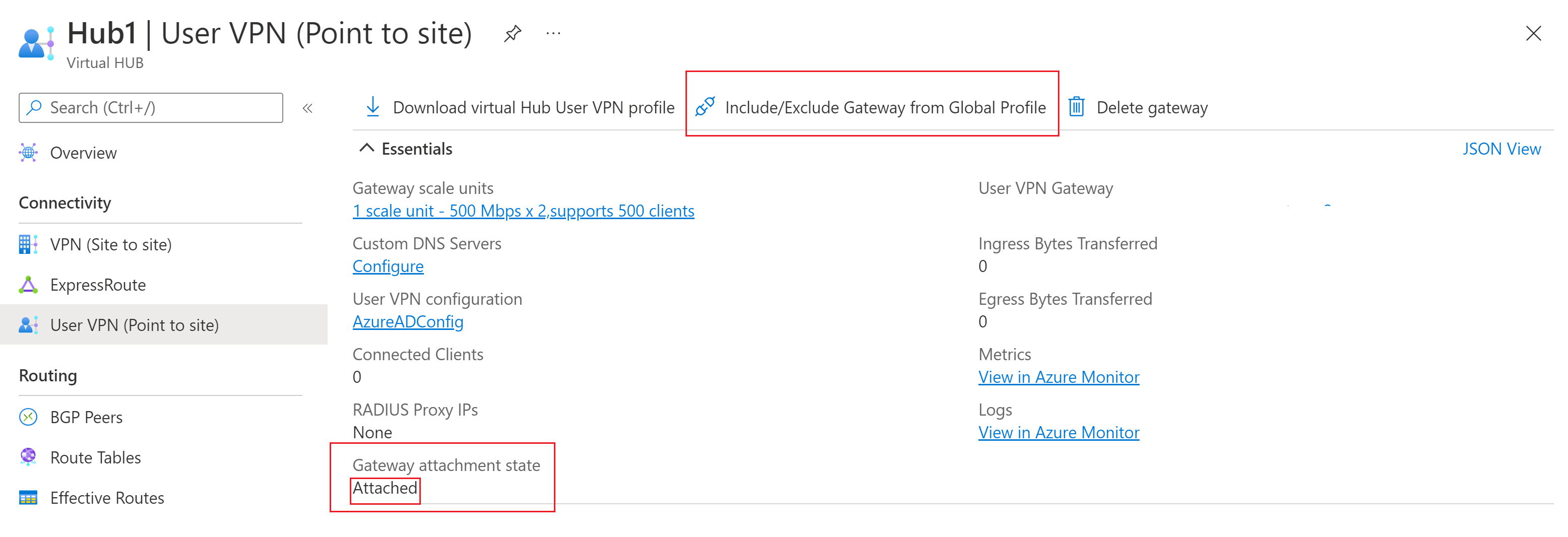 Screenshot that shows the attachment state of a gateway.