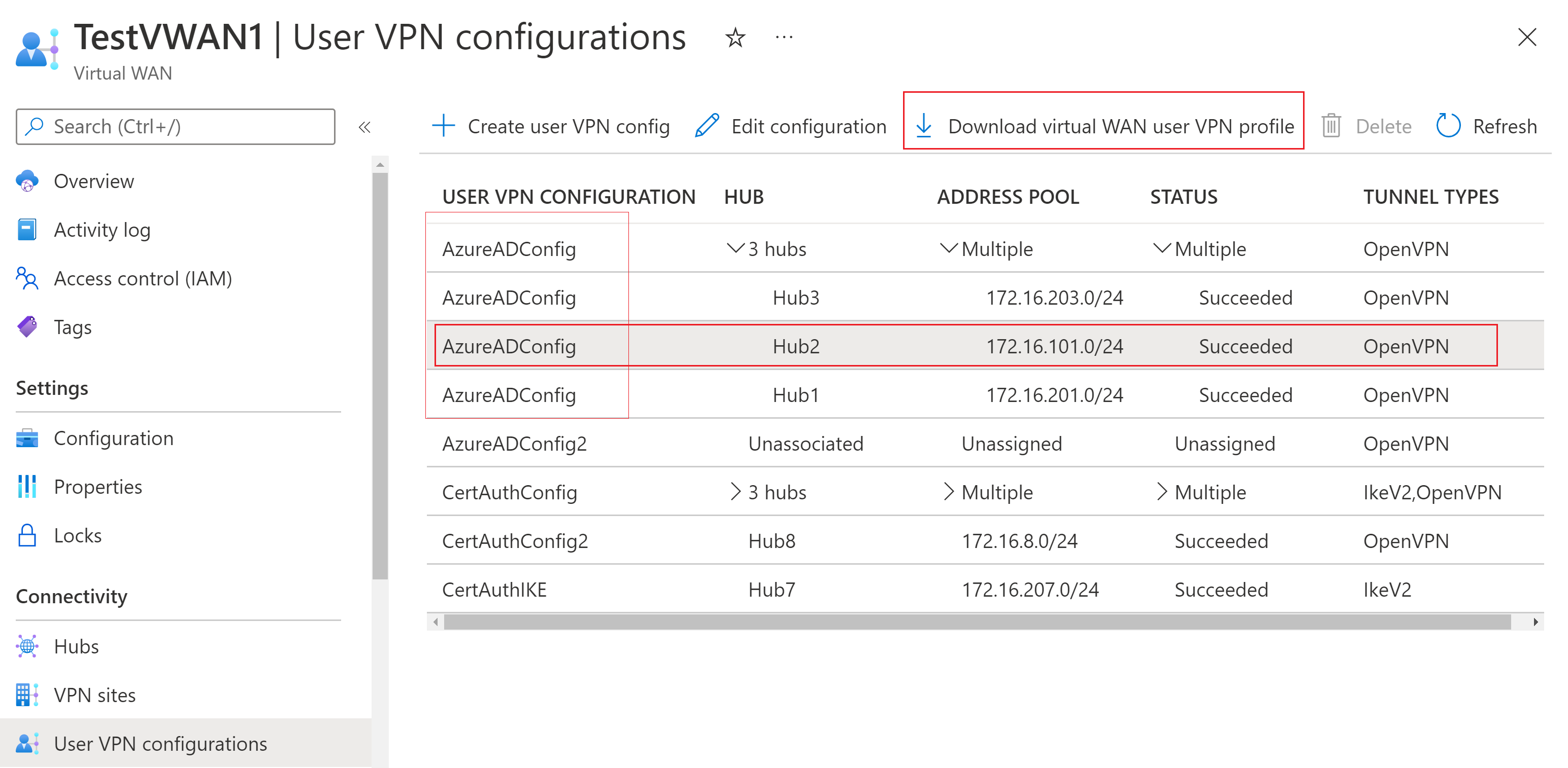 Screenshot that shows selections for downloading a global profile.
