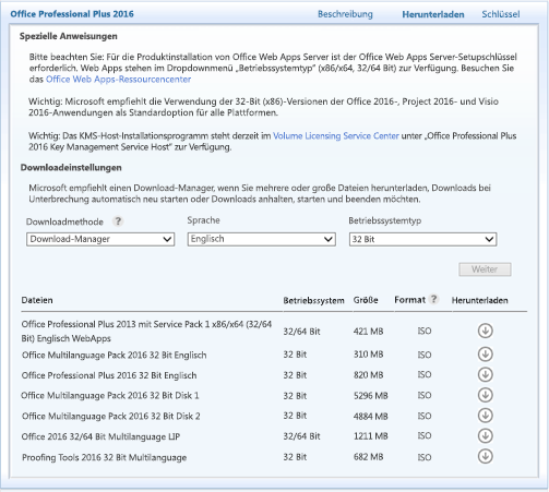 Screenshot der verfügbaren Sprachpaket-Downloads für Office Professional Plus 2016.