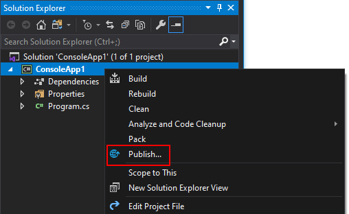 Screenshot: Lösungs-Explorer mit einem Kontextmenü, in dem die Option „Veröffentlichen“ hervorgehoben ist.
