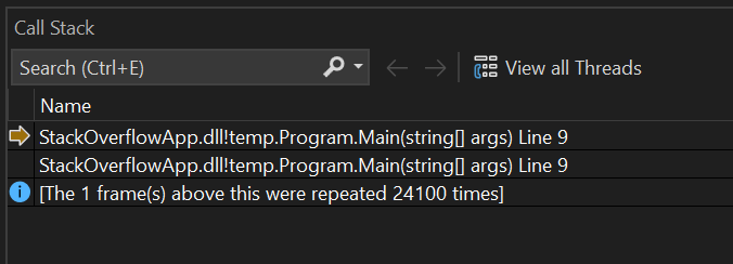 Visual Studio StackOverflow-Aufrufstapel.