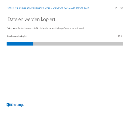 Exchange-Setup – Seite „Dateien werden kopiert“.