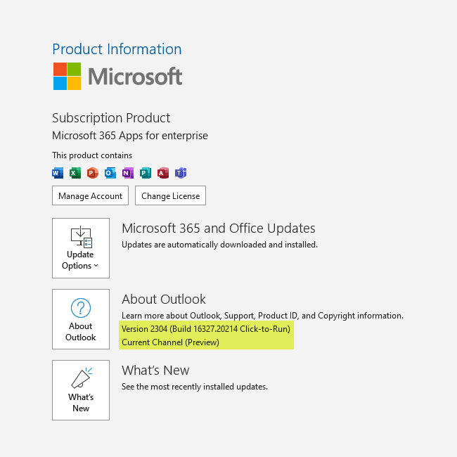 Screenshot: Buildnummer der Outlook Microsoft 365 Apps Edition
