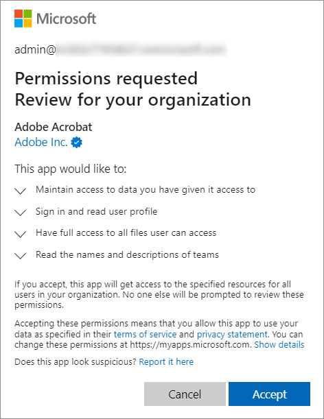 Im Microsoft Teams Admin Center weist das blaue Häkchen im Dialogfeld zum Erteilen von Berechtigungen darauf hin, dass für eine App ein Herausgebernachweis vorliegt.