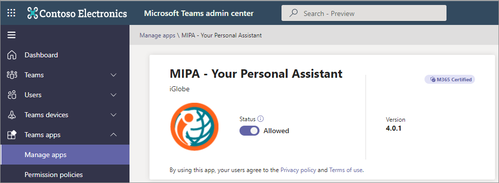 Sehen Sie sich bezüglich der Verwaltung einer bestimmten App im Teams Admin Center die Microsoft 365-Zertifizierungsinformationen im App-Banner an