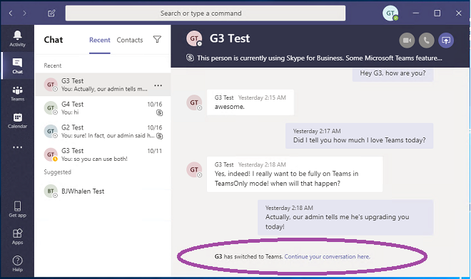 Diagramm, das einen Chat mit einem aktualisierten Skype for Business Benutzer zeigt.