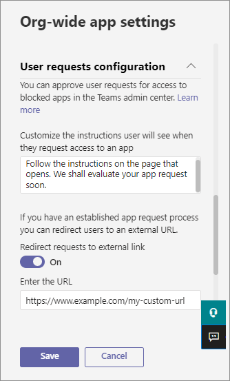 Screenshot: Umschalten der Anpassung der URL für die Benutzeranforderungen in der Organisationsweiten App-Einstellungsbenutzeroberfläche.