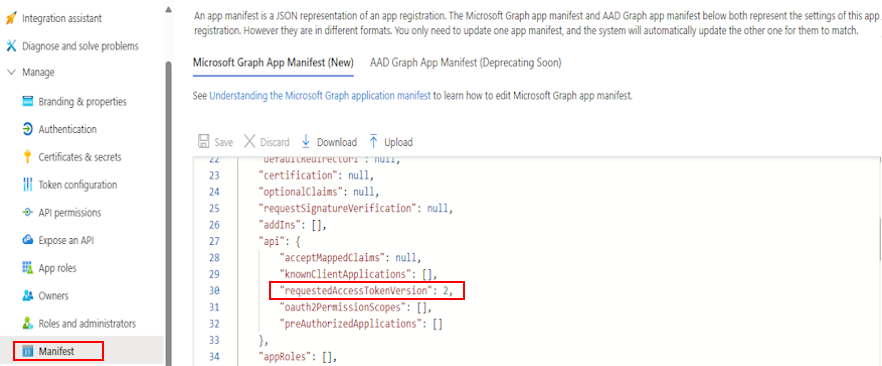 Screenshot: Manifestoption und Zugriffstokendetails in Azure-Portal