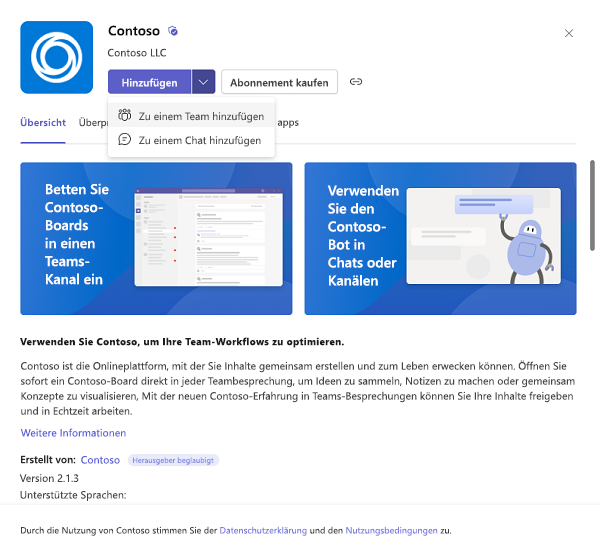 Screenshot: Installation einer benutzerdefinierten App in Teams mit hervorgehobener Option 