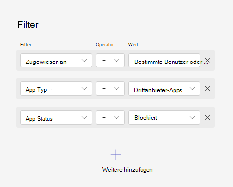 Screenshot: Filtern von Apps durch Kombinieren verschiedener Kriterien wie App-Verfügbarkeit, App-Typ und App-Status