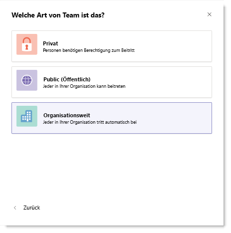 Screenshot der organisationsweiten Option zum Erstellen eines organization-weiten Teams.