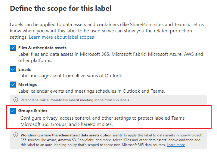 Vertraulichkeitsbezeichnungsbereich-Option für Gruppen und Websites.