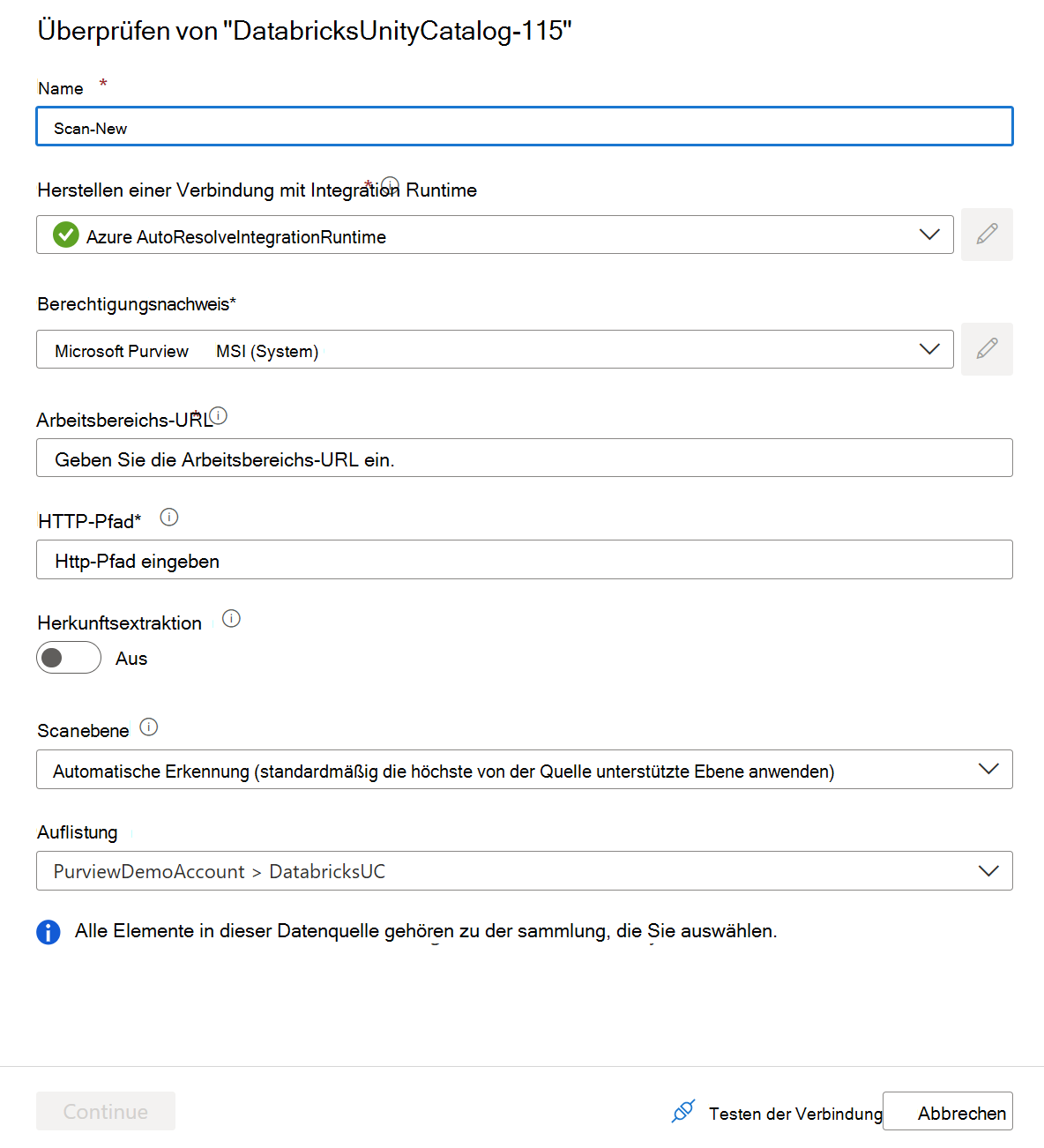 Screenshot: Einrichten Azure Databricks Unity Catalog-Überprüfung.