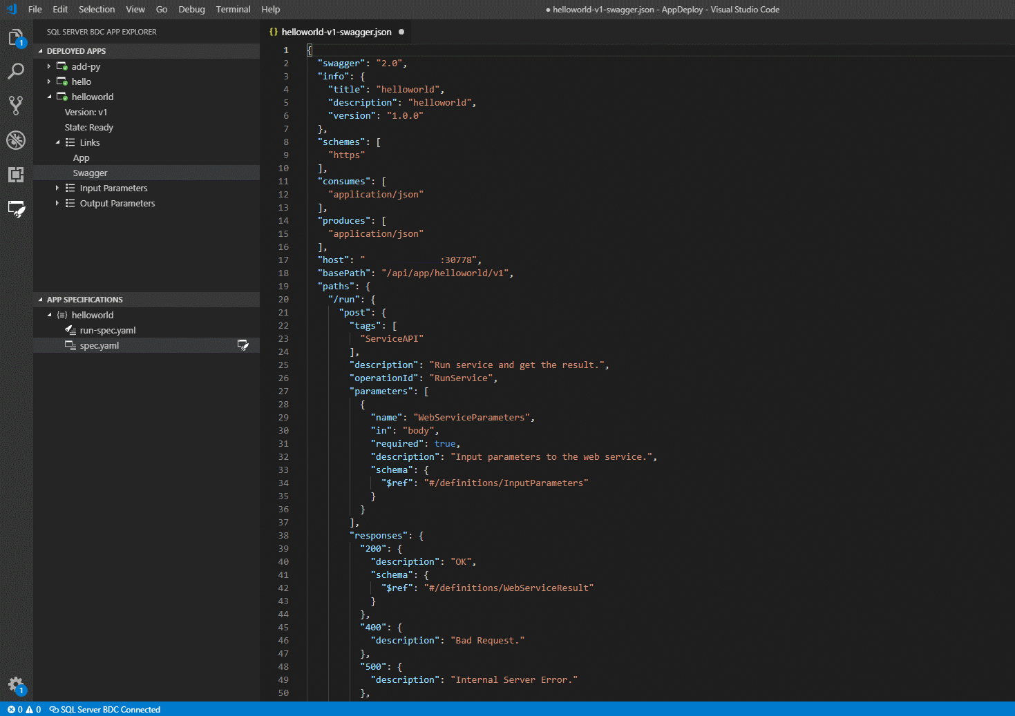 Screenshot: Visual Studio Code-Benutzeroberfläche mit der Datei „swagger.json“