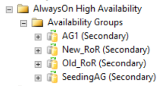 Screenshot mit der Ansicht eines sekundären Replikats in SQL Server Management Studio.