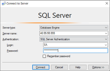 Screenshot von SQL Server Management Studio: Verbinden mit SQL-Datenbank-Server.