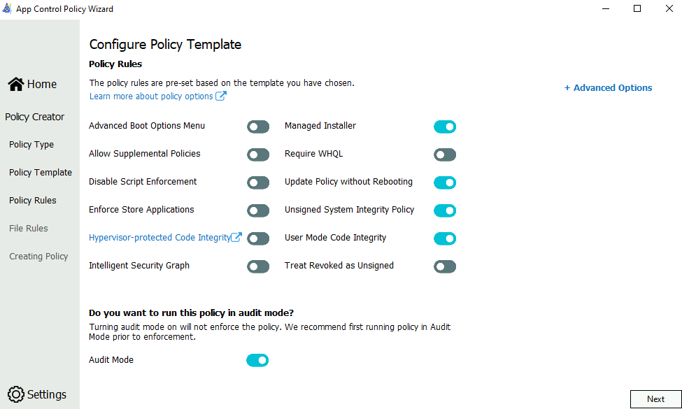 Screenshot des Bildschirms „Richtlinienvorlage konfigurieren“